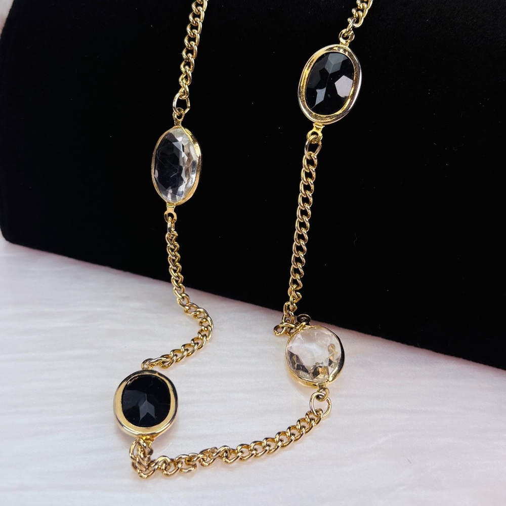 Vintage goldtone black and clear accent, long costume necklace